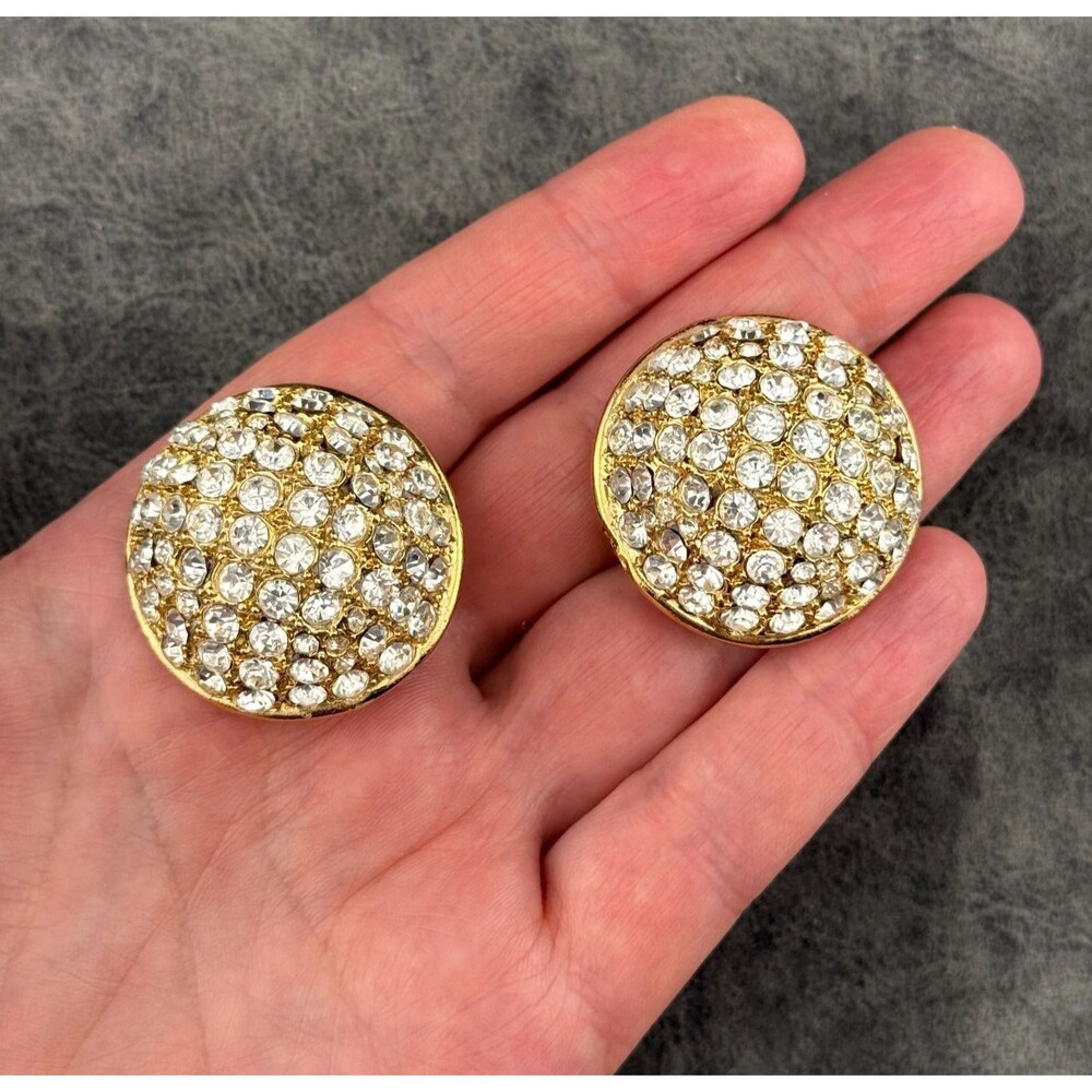 Large Domed Clear Rhinestone Gold-tone Half Sphere Clip Earrings VTG 1.25"